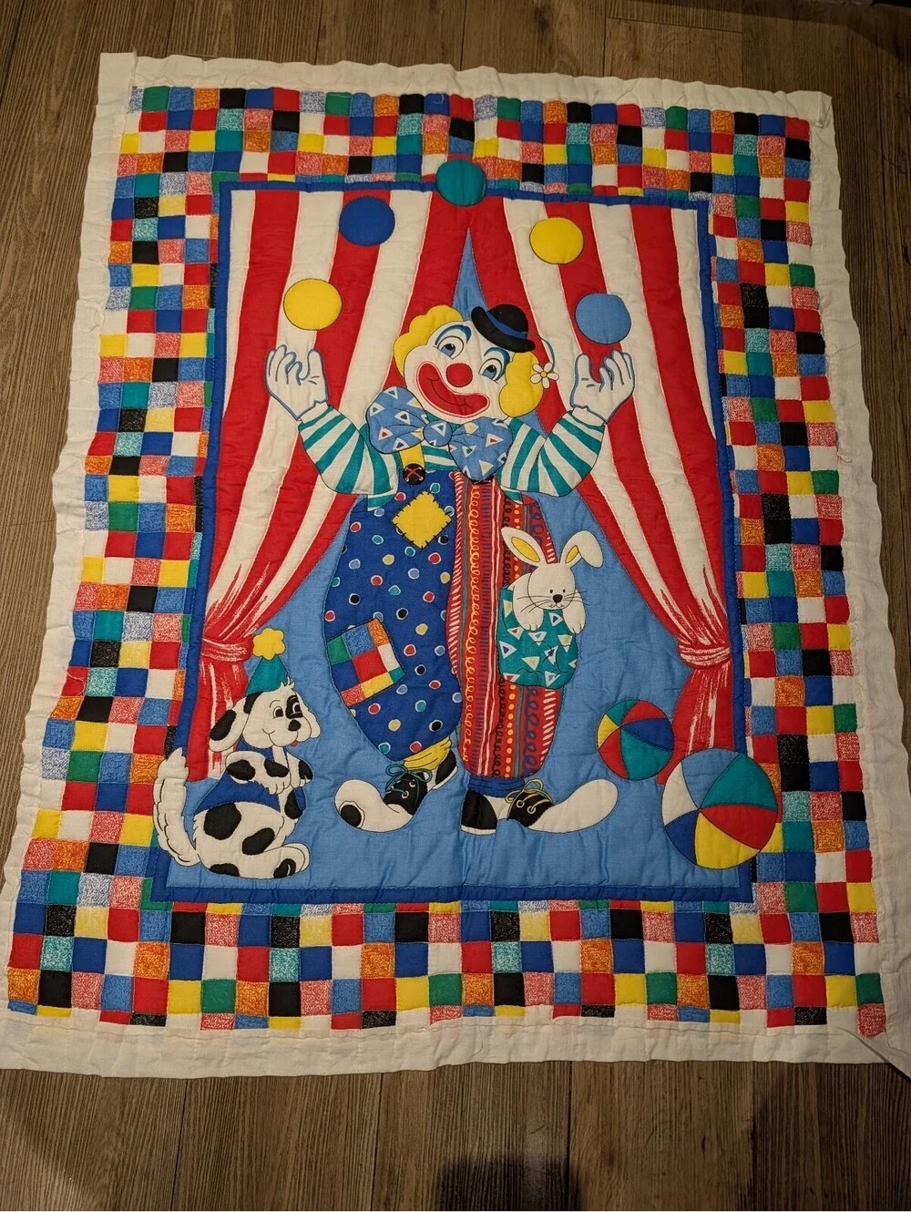 Vintage Handmade Quilted Clown and Animals Wall Hanging Quilt